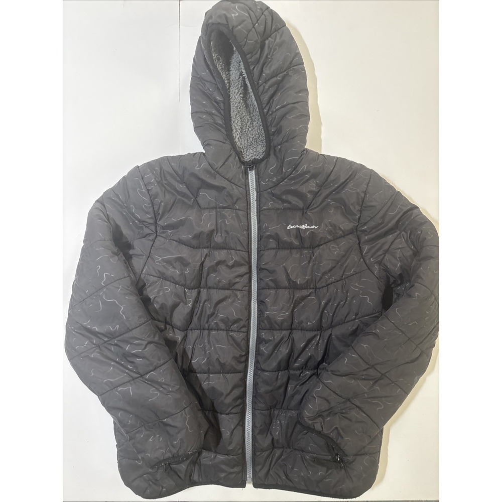 Eddie Bauer Boy's Sz XL 16 Black-White Reversible Hooded Puffer Jacket